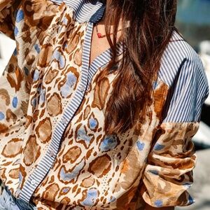 B212 Light French Beige Colorful Leopard Striped Print Patchwork V Neck Shirt